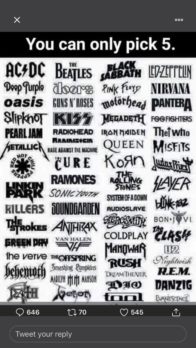JarrettPage66's tweet photo. Led Zeppelin
Pink Floyd 
Black Sabbath
AC/DC
Metallica https://t.co/eVD93rDMcC