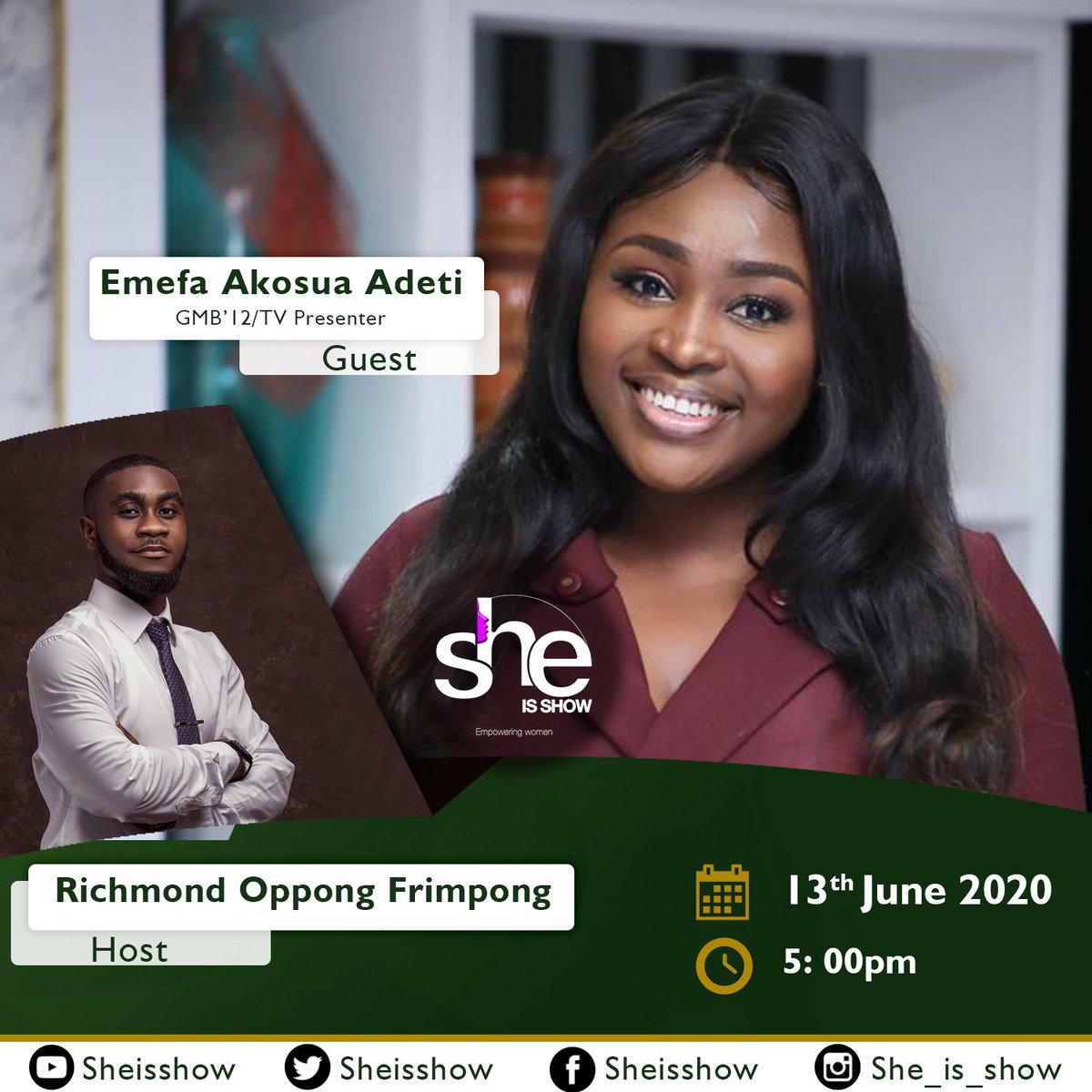 EbenezerCobina's tweet photo. Make a date with us this Saturday on She Is Show with our guest Emefa Akosua Adeti, A seasoned TV Presenter and winner of GMB '12 as we bring you another inspirational episode🔥💡
#SheIsShow #WomenEmpowerment #Inspiration #entrepreneurship #smilghphotography #ogb_gh_limited https://t.co/FeuI6EYzTF