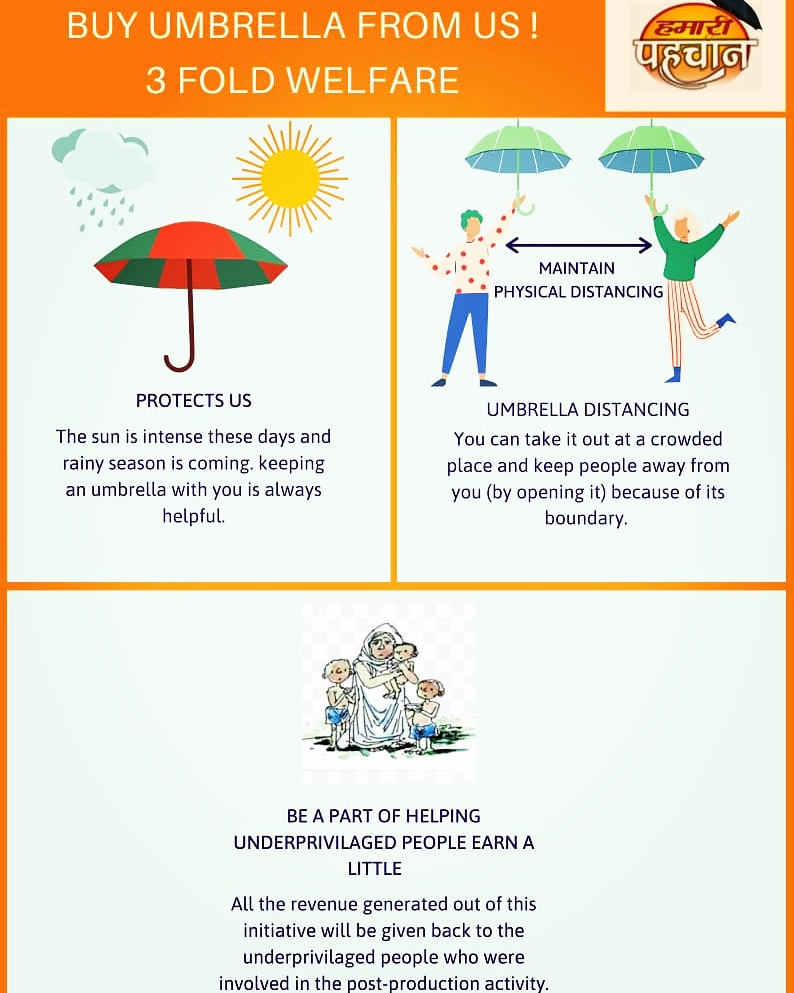 आत्मनिर्भरता की ओर एक कदम।
Protect yourself and your surroundings maintain social distancing with the help of umbrella. Help an underprivileged.
Make India 'aatmnirbhar'

#NGO #socialwork #socialdistancing #umbrelladistancing #aatmanirbharbharat #selfreliance #hamaripahchan