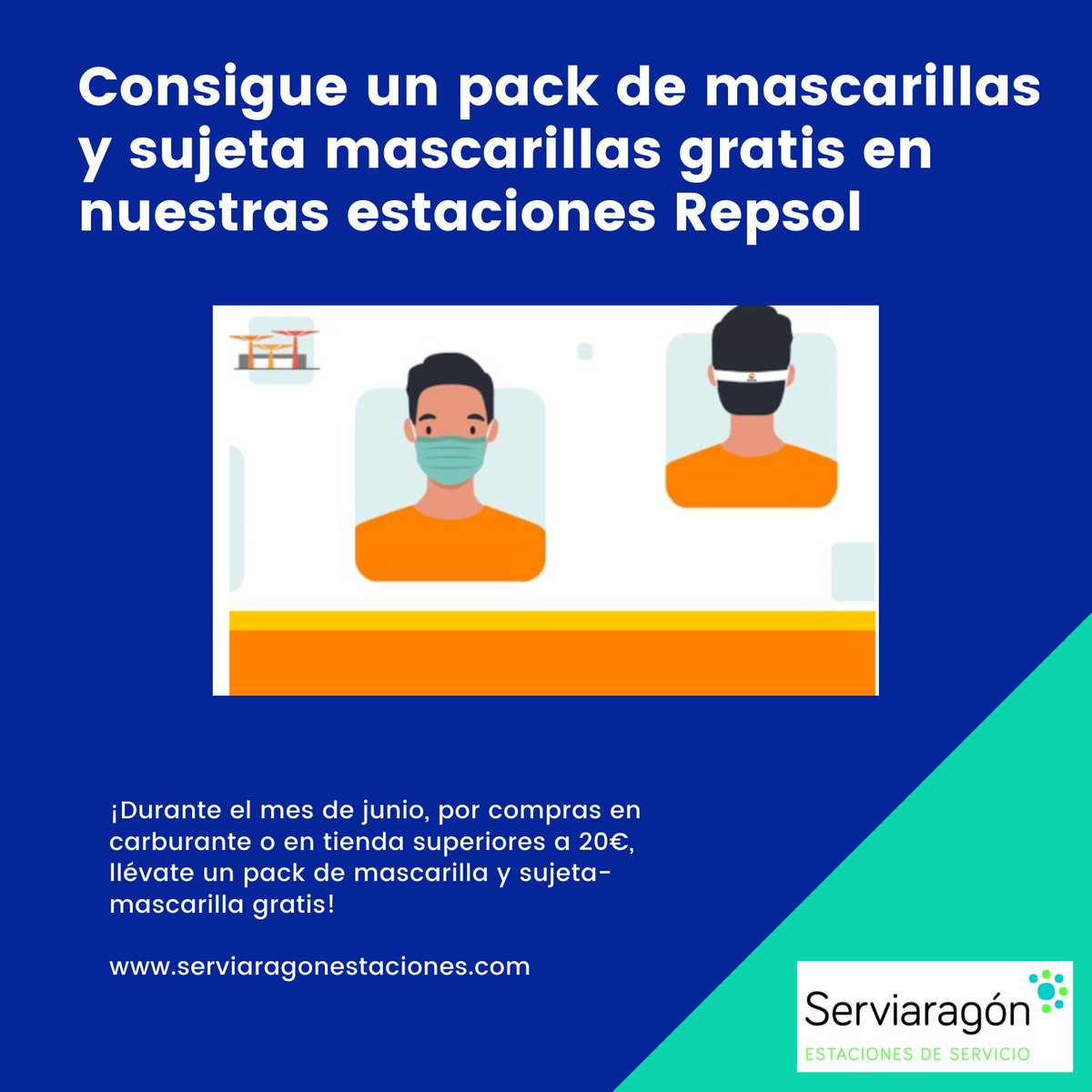 Consigue un pack de mascarillas y sujeta mascarillas gratis en nuestras estaciones de servicio Serviaragón-Repsol 
¡Durante el mes de junio, por compras en carburante o en tienda superiores a 20€, llévate un pack de mascarilla y sujeta-mascarilla gratis!
<a href="/repsol/">repsol</a> #serviaragon