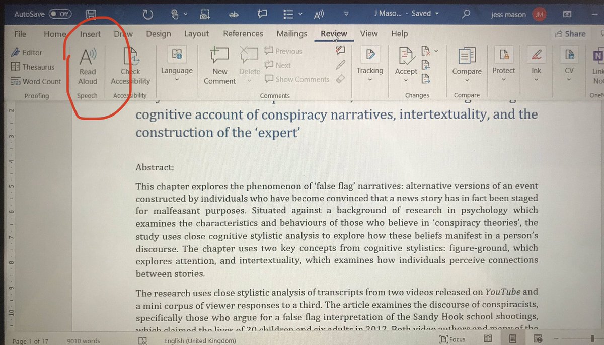 DrofletJess's tweet photo. A few of my friends didn’t know about this so I thought I’d share since so many of us are spending so much time looking at screens. Word has a (relatively) new tool under ‘Review’ that will read documents to you. You can change the voice and adjust the speed, I think it’s great! https://t.co/U8y6SEWXpS