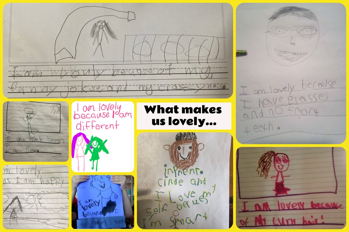 What makes you lovely? Yesterday we celebrated our loveliness with self portraits and kind words. Here are just a few. To my curly haired, glasses wearing, different, funny, silly, toothless friends---I am so thankful to have such lovely kids in my class this year! 🥰 #ps76q