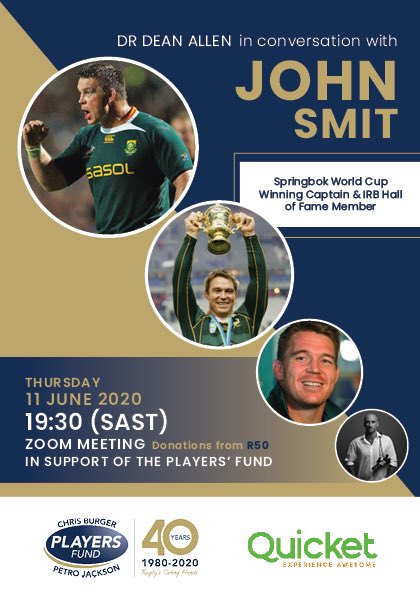 Dr_DeanAllen's tweet image. Can’t wait to interview these two great guys on Thurs 11 June for the @playersfund_sa #rugby show series. Join Fund recipient Lifa Hlongwa and @Springboks legend @JohnSmit123 in aid of this amazing charity 🏉🇿🇦 Tickets just R50 (£2.50!) available here: qkt.io/ThePlayersJohn…