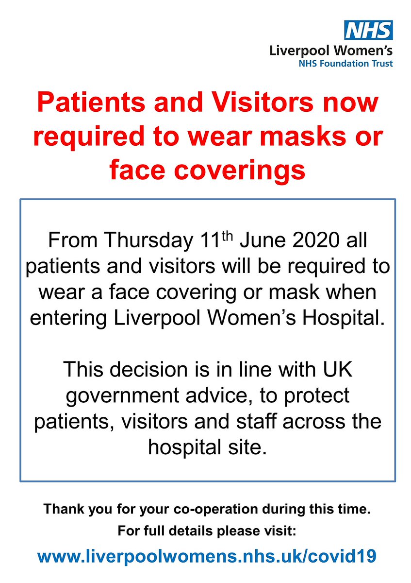 From Thursday 11th June 2020, all patients and visitors will be required to wear a mask or face covering when entering <a href="/LiverpoolWomens/">Liverpool Women's University Hospital</a> Hospital. Further information including advice on how to wear and make face coverings can be found here: orlo.uk/lCGMZ