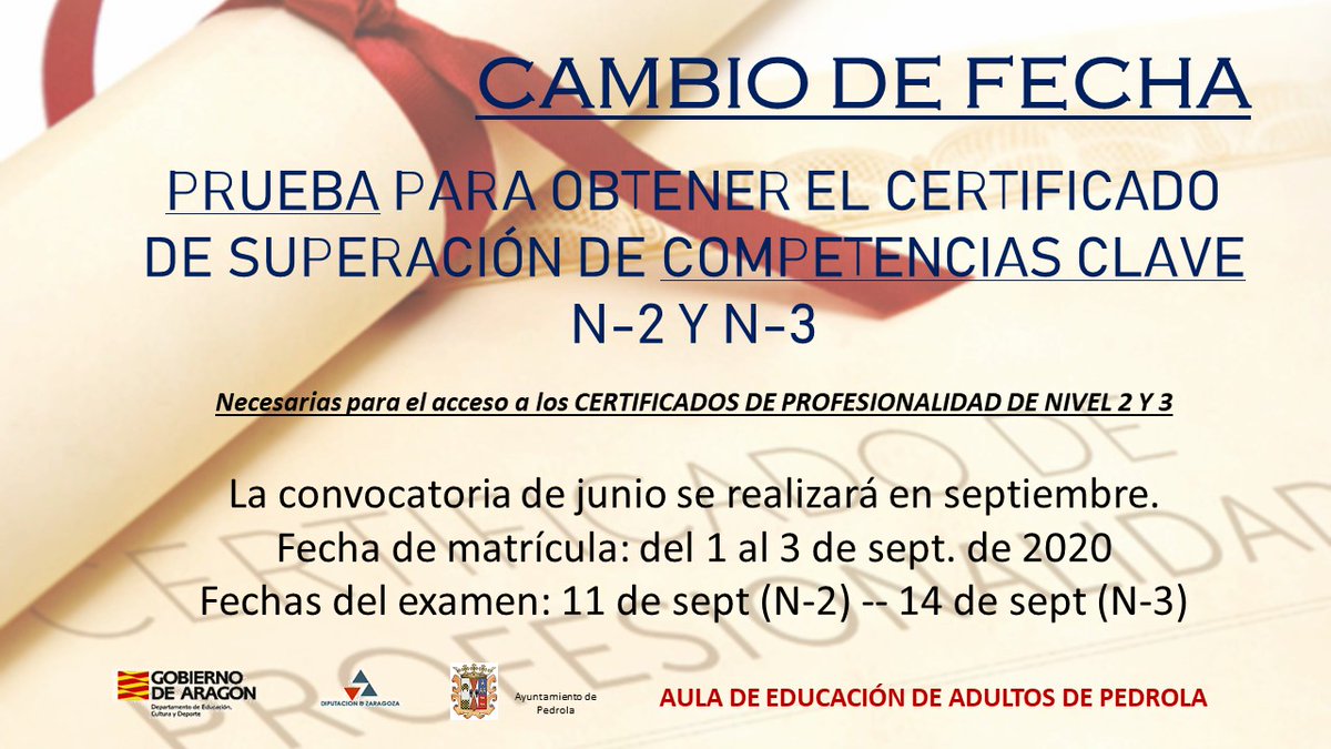 epapedrola's tweet photo. La prueba para la obtención del certificado en #COMPETENCIASCLAVE N-2 y N-3 se traslada a septiembre. Más información: https://t.co/94Edyrh9qy  #certificadosprofesionalidad  #pedrola https://t.co/x6C4qdxyW4