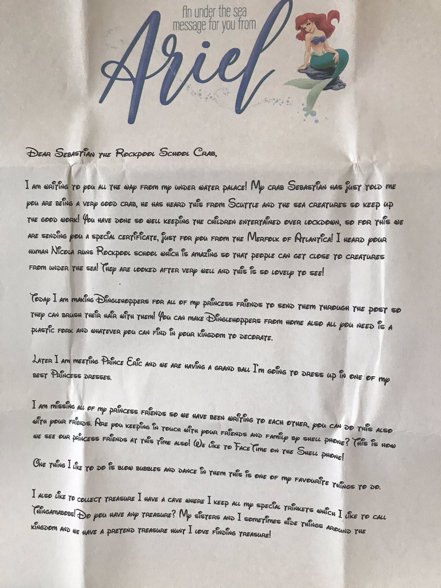 Rockpoolschool1's tweet photo. 🧜🏼‍♀️🏰 💌🦀SEBASTIAN GOT MAIL🦀💌🏰🧜🏼‍♀️

How awesome is this amazing letter Sebastian recieved from the one and only Ariel today!!!

Check out his certificate he received, he is now an honorary member of the kingdom of Atlantica! Thank you so much @Letitsnowprod https://t.co/H2lG93BBlv