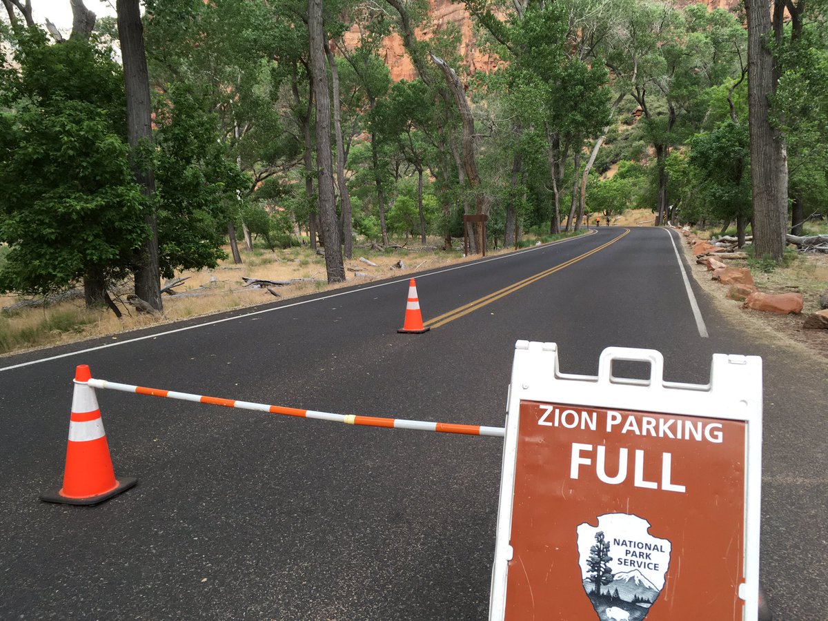 Wednesday 6/10 at 6:40 AM - 
Parking is full on the Zion Canyon Scenic Drive. The Scenic Drive is closed until space becomes available. 
Parking and information is available at the Zion Canyon Visitor Center.