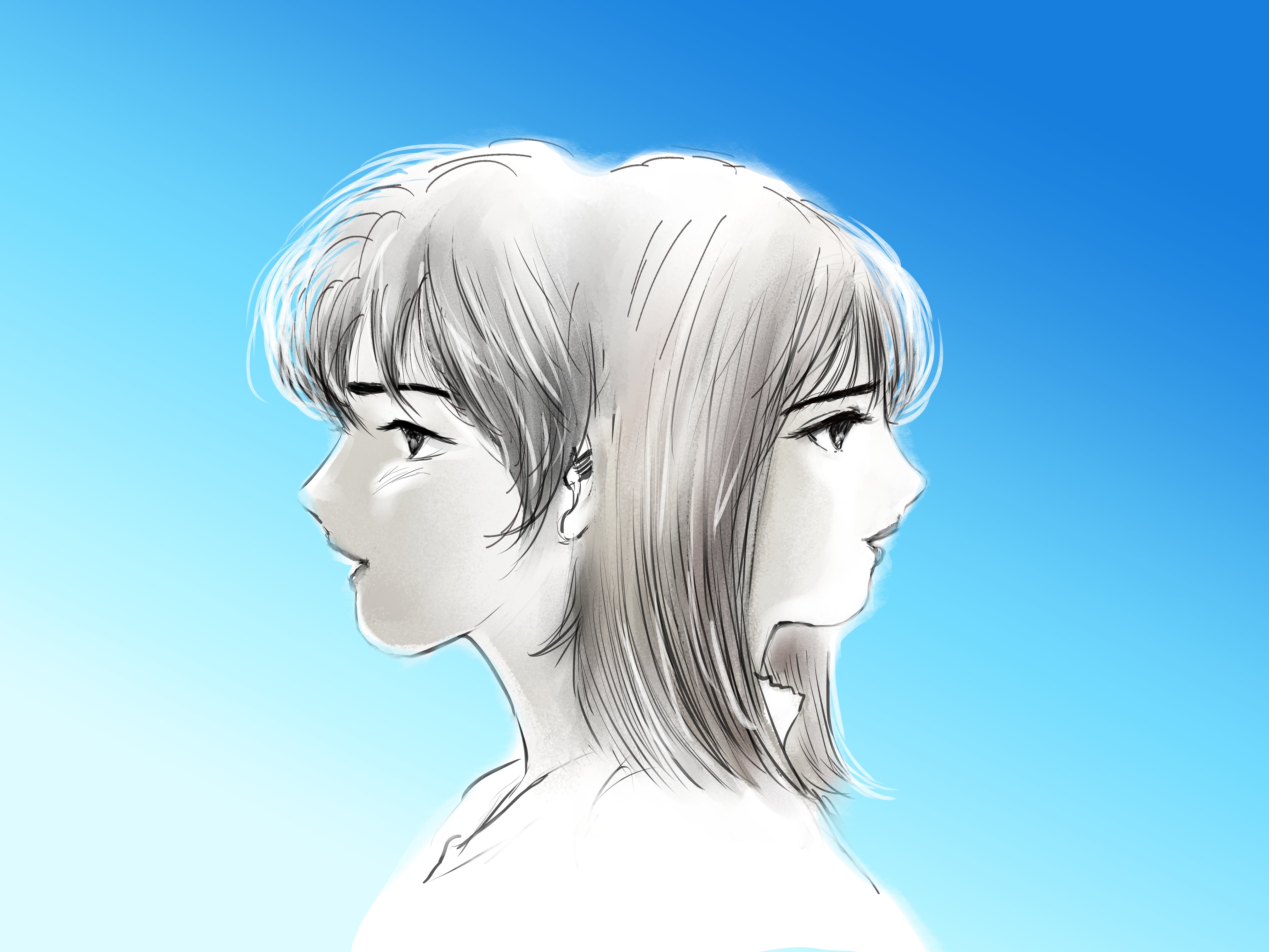 和 弥生 二人のコラボのイラストです 横顔の写真は無かったのですが 歌ってる姿から想像しました 今日はモノクロで描いて 背景は青にしました ちょっと涼しげな感じになったかな 早描きですいません 阪本一颯 加藤詩乃 コブクロ
