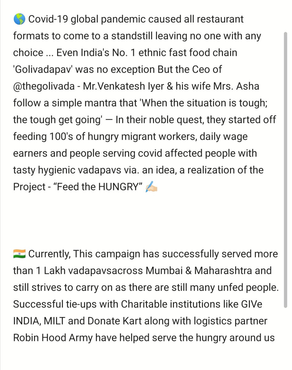 UrmilaKothare's tweet photo. 🔗 Links To Support - 'Feed The Hungry'
1. GIVE India: 👥
(https://t.co/3jZYqKU4Pk)
2. Donate KART: 👥 (https://t.co/7KfF7pdmAg)
#KindlyNote : All donors will be updated on the distribution done.
#TheGoliVadapav 🍔
(@GoliVadaPav) https://t.co/2l8IycbUQj