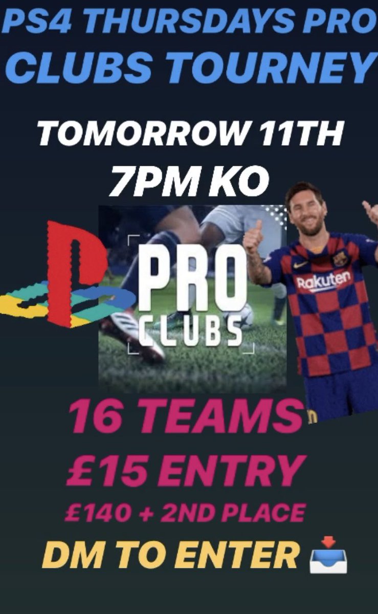 PS4 THURSDAYS 

16 TEAMS
£15 entry
£140 + 2nd Prize 

DM US TO ENTER

#proclubs #fifa #fifa20 #football #soccer #proclubstournaments

<a href="/ProClubShowdown/">E SPORTS COMMUNITY</a> <a href="/S6_trialhouse/">S6 Trialhouse | #proclubs</a> @Freeagent_ps4 <a href="/GameOfKaalas/">GOK Pro Clubs Tourneys</a> <a href="/aclasstekks/">ProClubs Tournament</a> <a href="/ps4cup1/">ps4cup1</a> @ProClubHub <a href="/proclubs_finder/">Proclubs Finder</a>