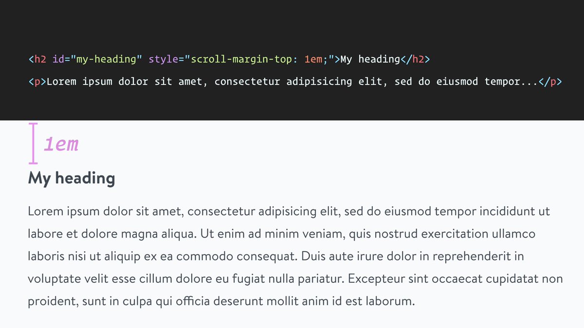 reinink's tweet image. Ever notice how anchor links butt right up against an element? Or worse, end up behind a sticky header?

The scroll-margin CSS property lets you customize this by setting your own scroll &quot;snap area&quot;. 🪄

developer.mozilla.org/en-US/docs/Web…
