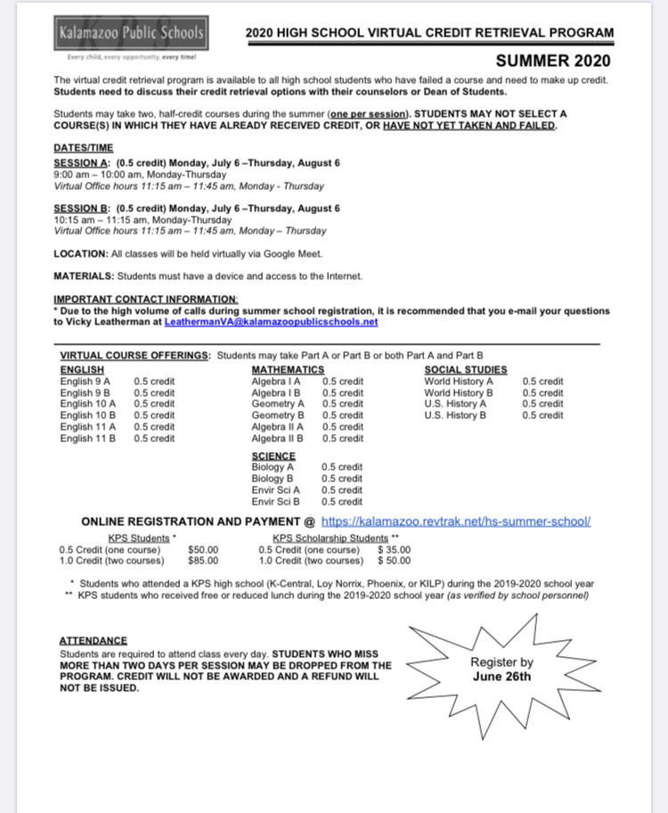 Virtual High School Summer School Registration Information!!