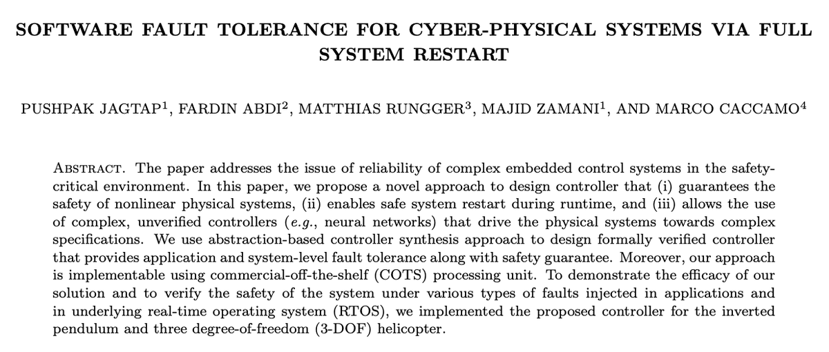 #ResearchArticle
Our paper titled "Software Fault Tolerance for Cyber-Physical Systems viaFull System Restart" got accepted at ACM Transactions on Cyber-Physical Systems.
Preprint available at arxiv.org/pdf/1812.03546…