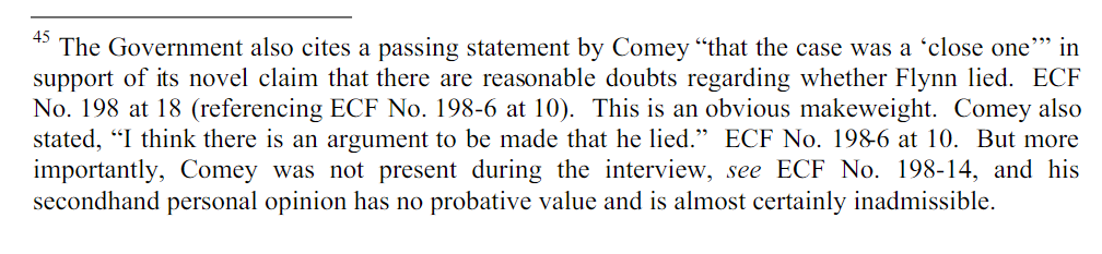 Gleeson tries to dismiss Comey's statements that DOJ used as part of their exoneration of Flynn.