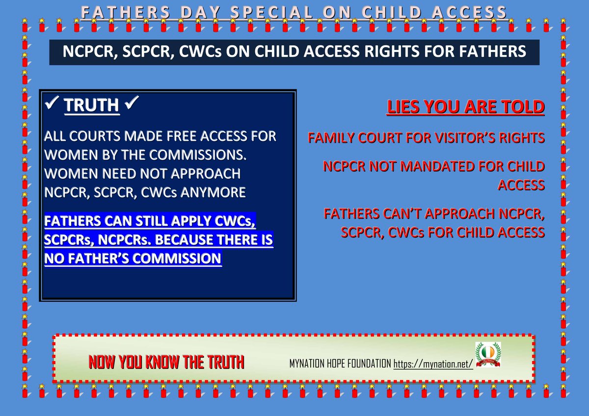 #ChildAccessSCAM  #LiesLiesLies  BY <a href="/NCPCR_/">NCPCR</a> <a href="/KanoongoPriyank/">प्रियंक कानूनगो Priyank Kanoongo</a>
No Child Access for Fathers.

#TruthBeTold 
All courts made free access for women, by <a href="/NCWIndia/">NCW</a>  hence WOMEN NEED NOT APPROACH NCPCR, SCPCR, CWCs

<a href="/OfficeOfRSP/">RSPrasad Office</a> <a href="/HMOIndia/">गृहमंत्री कार्यालय, HMO India</a> <a href="/smritiirani/">Smriti Z Irani</a> <a href="/MinistryWCD/">Ministry of WCD</a> <a href="/PMOIndia/">PMO India</a>