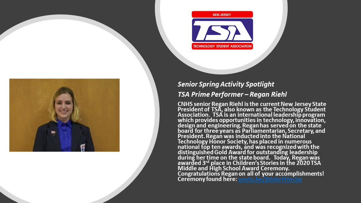 CNHSAthletics's tweet image. Senior Spring Activity Spotlight - TSA Prime Performer - Regan Riehl
#CougarPride #Classof2020 @CNHS2020 @NewJerseyTSA @NationalTSA @MsBTechEd @PKraisCNHS