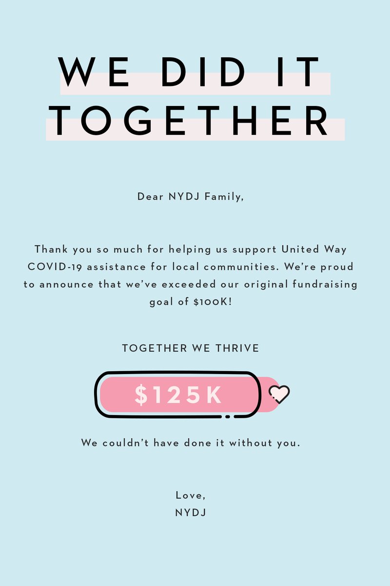 Thank you, NYDJ family. Not only did we meet our $100K goal, we exceeded it! 👏🏻👏🏻👏🏻