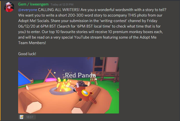 Adopt Me On Twitter We Have A Writing Competition Going On In Our Discord Right Now More Information In Announcements And Make Sure To Read The Rules Before You Start Chatting - roblox adopt me discord link