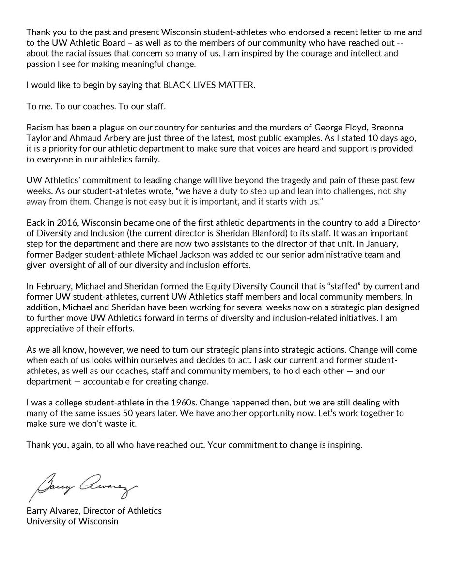 UWBadgers's tweet photo. A message from Director of Athletics Barry Alvarez https://t.co/1EENKw0Bk2