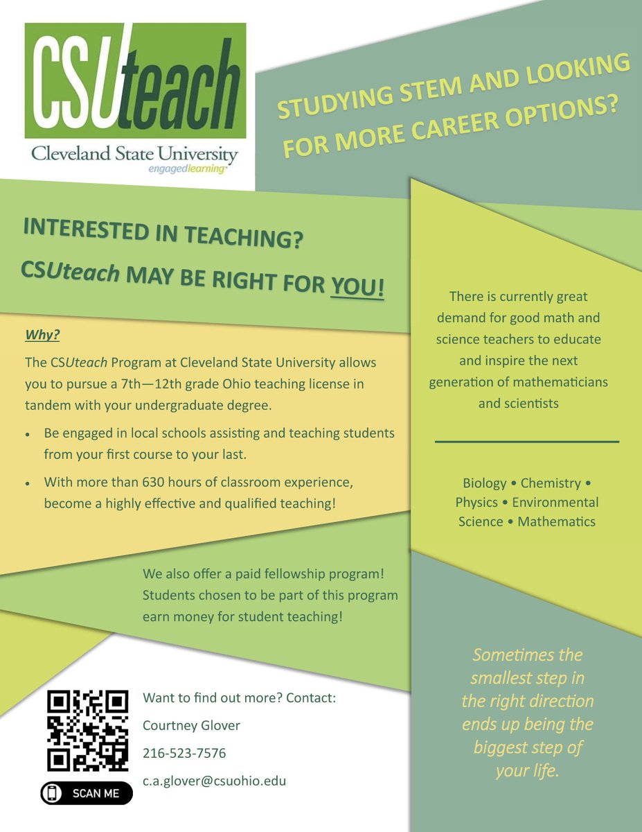 CSUCollegeofEd's tweet photo. Have you ever thought about high school teaching as a career? Now's the time to consider CSUteach!
#CLEstate #CSUteach #EngagedLearning @CLE_State https://t.co/Ej30Yd7gFM