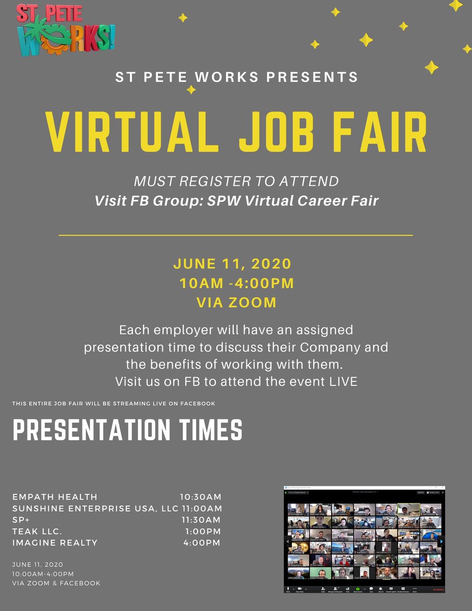 📢 St. Pete Works is hosting a Virtual Job Fair on June 11, 10AM-4PM! 
Head over to the SPW Virtual Career Fair Facebook group (right here: bit.ly/spwvcf) for more info and to register.