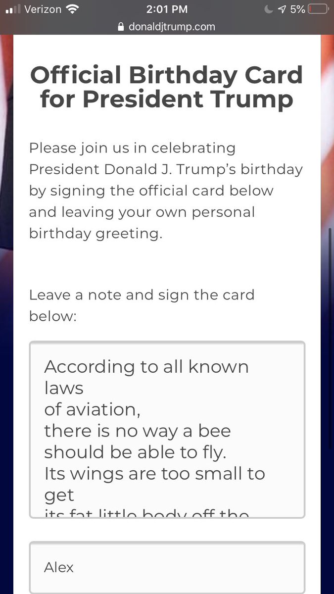 _mitsukiizumi's tweet photo. i tried to sign @realDonaldTrump bday card with the Bee Movie script and i got blocked from the website... 😔✊ happy mf bfay, Trump, ig https://t.co/q3g7bkivE9