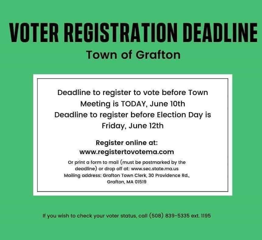 PeterRCarlson's tweet photo. Today is the last day to register to vote in town meeting for Grafton. Please visit https://t.co/5dWYMs3e4z to register! https://t.co/z06Q0Ze7GG