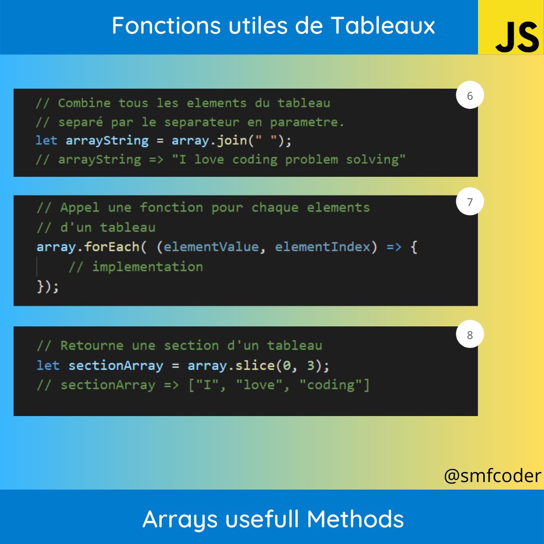 SmfCoder's tweet image. Quelques méthodes utiles pour manipuler les tableaux(#jsarray) en #js #javascript. Utilisé les tous ?
.
.
#coding #programming #programmer #developer #code #codeur #programmeur #webdev #learnjs #learncoding #programmation #developpementweb