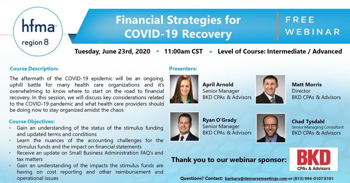 Free webinar!! Join HFMA Region 8 on June 23rd at 11:00am CST as our webinar sponsor, <a href="/BKDLLP/">Forvis</a>  will be discussing Financial Strategies for COVID-19 Recovery!

Register now! - lnkd.in/dwfTDWZ

#HFMA #HFMAR8 #HFMARegion8 #FreeWebinar