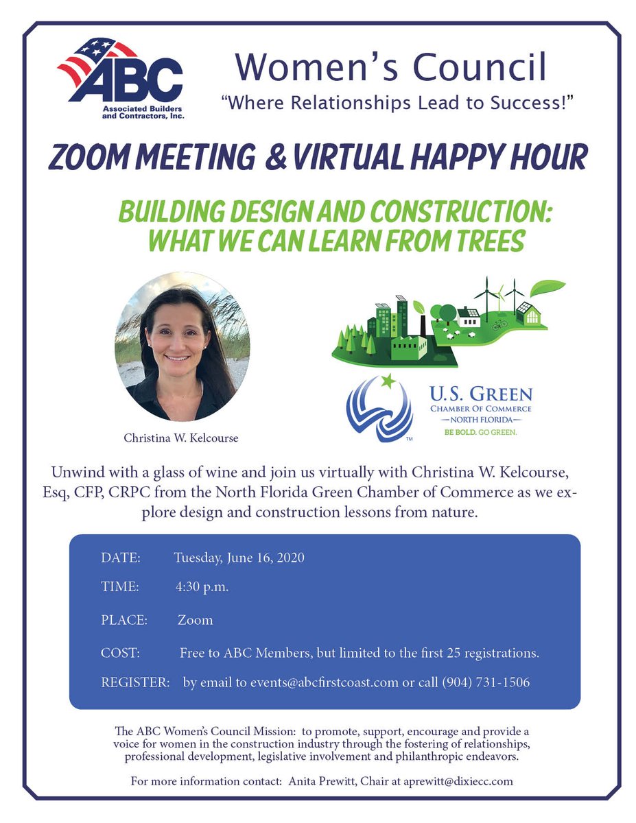 Join us Tuesday June 16th for a virtual meeting and happy hour with North Florida Green Chamber <a href="/green_north/">North Florida Green Chamber</a> Executive Director Christina Kelcourse 'What We Can Learn From Trees'.  Yes....we said trees! Register abcfirstcoast.com #womeninconstruction