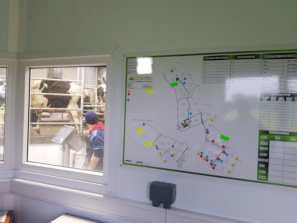 GrasstecLtd's tweet photo. Our whiteboard is been put to great use on this farm with different coloured stickers allowing the farmer to record when silage is cut, lime & K are spread. Excellent communication tool on farm. #farmmapping #farmers #farming #FarmLife #grasstomilk https://t.co/UyuPi4mUTZ