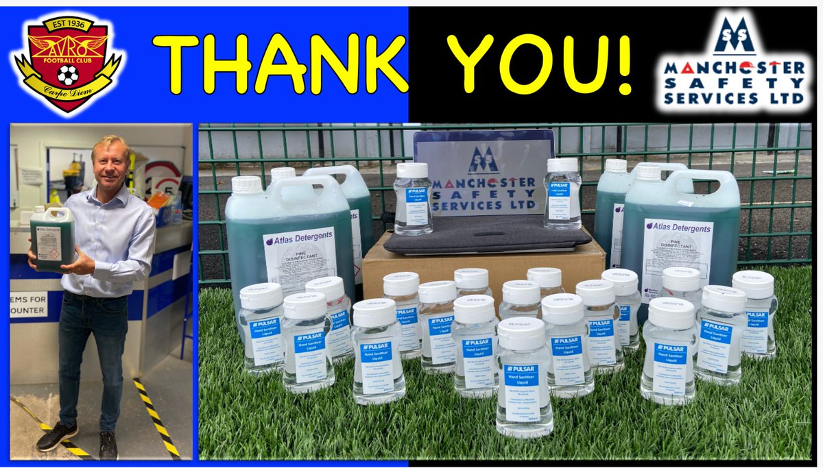 AvroFC's tweet photo. A huge thanks to Paul Manchester Director of Manchester Safety Services LTD. @manchsafety. Paul has very kindly donated a large quantity of hand sanitizer. This will be vital as we prepare for the coming season and the new hygiene regulations. Thanks again to Paul  @m10mss 🙌 https://t.co/EgSCSfZwVb
