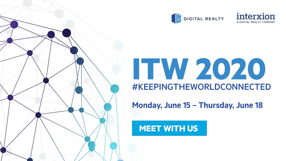 digitalrealty's tweet image. #ITW2020 is right around the corner! Taking on a virtual format, the conference is still #KeepingTheWorldConnected. We're stoked to be an associate sponsor with @interxion this year. You can schedule a meeting with us through the ITW platform or email us: events@digitalrealty.com