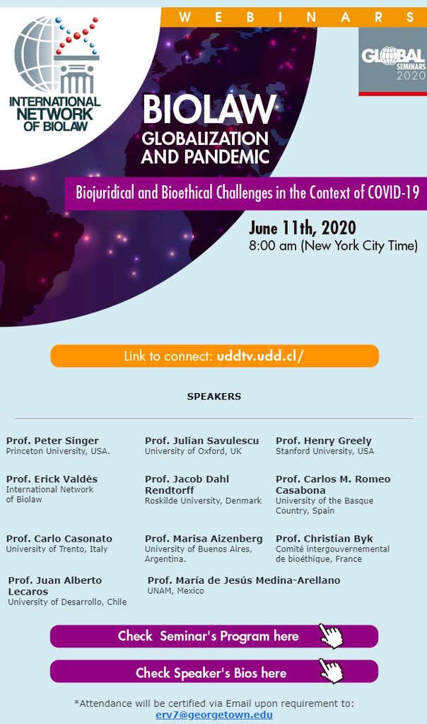 BioderechoRed's tweet photo. 📣Global Seminars-Biolaw‼️

Please, check this out. A great event is coming! Some of our keynote speakers are: @PeterSinger @juliansavulescu @HankGreelyLSJU Carlos Casabona @bioderecho_eu        

Check our website https://t.co/dQbzZSJMOE 
#Covid19 #Covid_19 #bioethics #biolaw https://t.co/zeC7Gdd0Uv