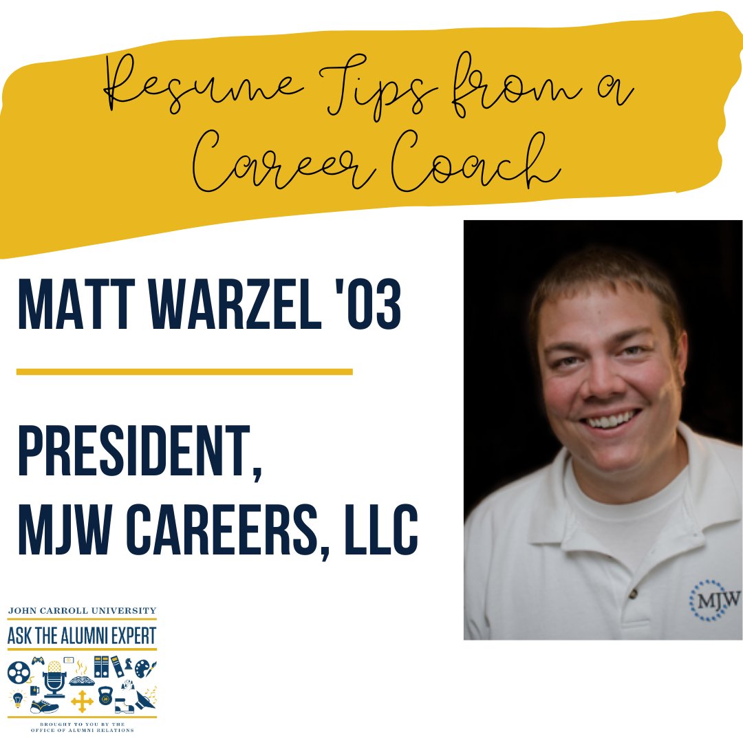JCUAlumni's tweet photo. Today's #JCUAlumniExpert, Matt Warzel '03, President of MJW Careers, shares 10 important tips for your resume. From formatting and what to include in the content of your resume, his tips are incredibly helpful! Visit https://t.co/3iAeisfizV to read his resume tips! https://t.co/zsoTXMqDG9