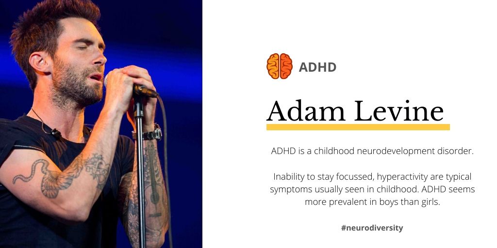 GrooveGullyFest's tweet photo. Adam Levine, the lead singer for rockers @maroon5 has ADHD. 

"ADHD isn’t a bad thing, and you shouldn’t feel different from those without ADHD" he says. #inspiration

#neurodiversity @adamlevine https://t.co/Gk4v2pFsLl