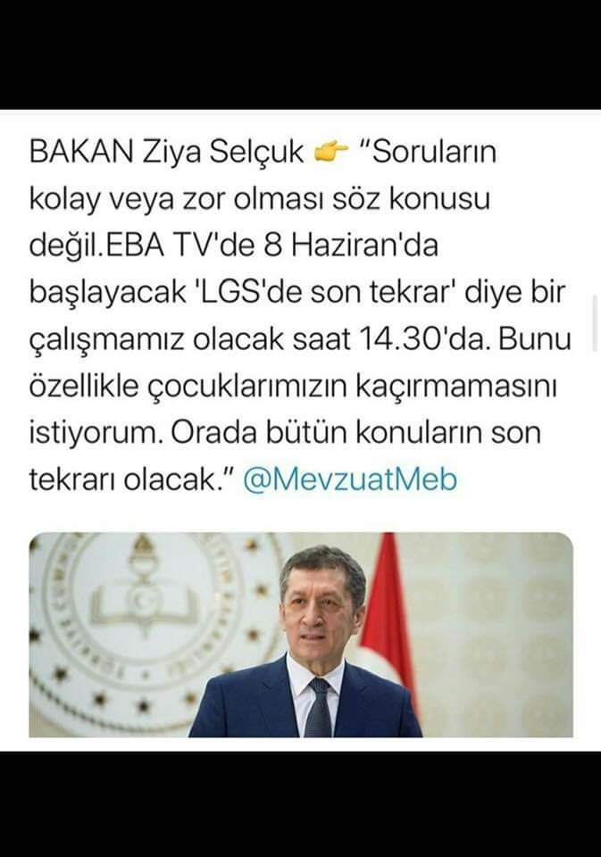 EBA TV'de 8 Haziran tarihinden itibaren başlamış olan "LGS'de son tekrar" çalışması tüm öğrenci ve velilerimize duyurulur. <a href="/meb_dinogretimi/">MEB Din Öğretimi Genel Müdürlüğü</a> <a href="/yilmaznazif/">Nazif Yılmaz</a> @ismailyapicier <a href="/Nazmi38226223/">Nazmi AKŞAHİN</a> <a href="/ahmetkilic6347/">Ahmet KILIÇ</a> <a href="/HaliliyeMem/">Haliliye İlçe Milli Eğitim Müdürlüğü</a> @UrfaMem