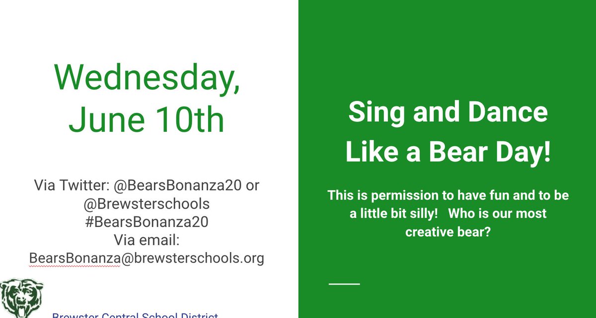 Today's Bears Bonanza theme is Sing and Dance Like a Bear!  Where are our brave cubs/bears who are willing to create and share?  <a href="/brewsterschools/">Brewster Central School District</a> @BrewsterSup <a href="/BCSD_BHSPrin/">BCSD_BHS_Principal</a> <a href="/WMSJohn_Clark/">John Clark</a> <a href="/MrsAndriello/">BCSD AssistSupCIA</a> @BCSD_Principal @BCSD_Dir_PPS <a href="/bcsdinnovates/">BCSDInnovates</a> <a href="/BCSD_Athletics/">Brewster Athletics</a> <a href="/BCSD_Asst_Supt/">Michelle Gosh, Ed.D.</a>