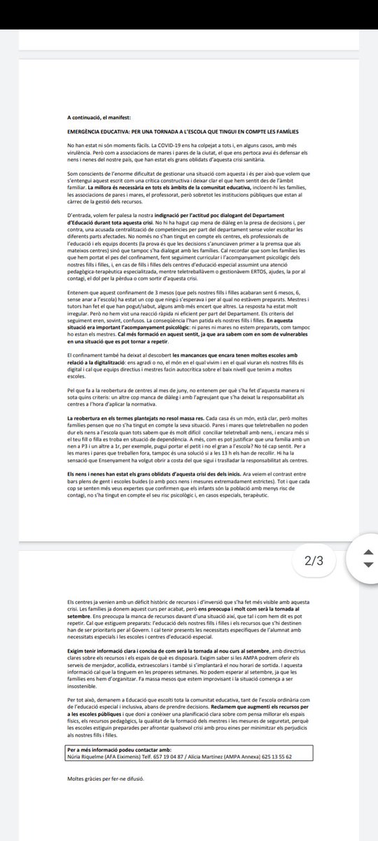 ampamigdia's tweet photo. 2/2 ...que es tinguin en compte les famílies per la tornada de l’escola.

Exigim saber amb quines condicions es farà el retorn a les aules al setembre. https://t.co/fOAPTXpPzZ