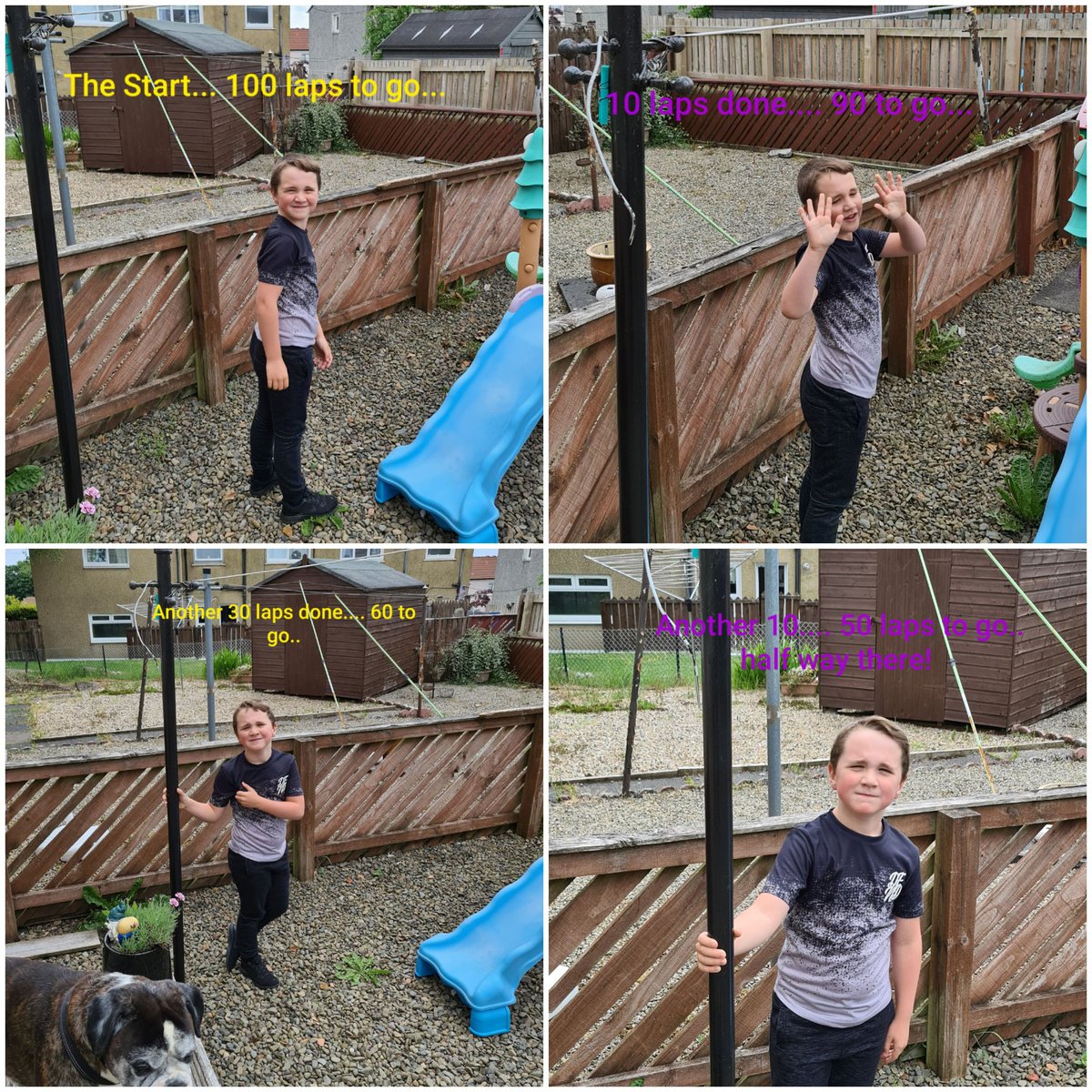 WeeSus12's tweet photo. The Captain Sir Tom Moore challenge completed by Rhys. 100 laps of the garden, over 2 days 💙 #sportsweek #100laps @BridgetPrimary https://t.co/Y5HFYyQVSJ