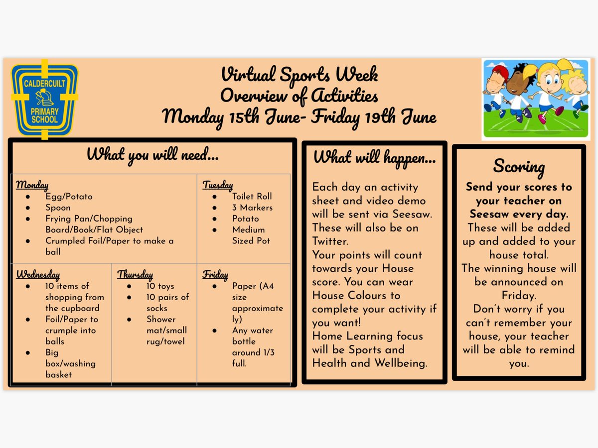 Caldercuilt's tweet photo. Please see attached the things you will need for our Virtual Sports Week next week. If you don’t know what house you are don’t worry, just get in touch with your teacher on Seesaw and they will be able to tell you! #cpssports #cpscommunity 🏃🏻♀️ 🎾 🏃🏻♂️ https://t.co/PB66cBFXHL
