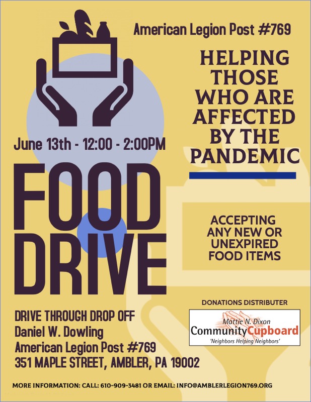 WhitpainTwp's tweet image. Help support the Mattie N. Dixon Community Cupboard and the community this Saturday by dropping off new or unexpired food items at #Whitpain's own Dowling American Legion Post from noon to 2 pm.