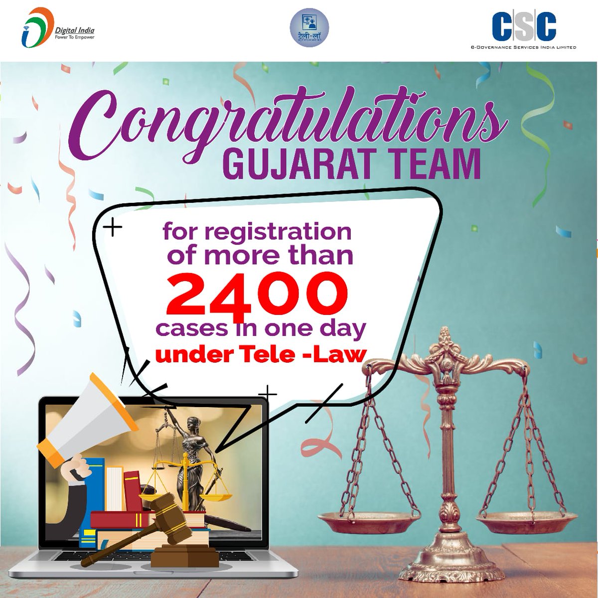CSCGujarat's tweet image. Congratulations for Registration of More than 2400 cases in Tele Law in single Day.
#CSCseGRAMSWARAJ 
#Onlycsccandothis 
@dintya15 @rsprasad