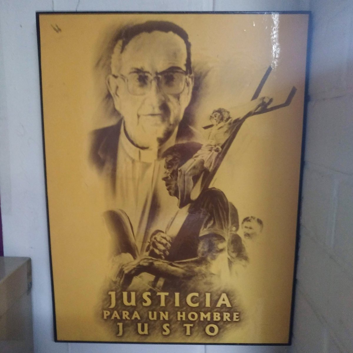 Image of Father Óscar Romero, a common sight throughout Central America. In 1980, he was killed while saying mass, for speaking out against El Salvador's dictatorship. The death squad leader that ordered his murder had trained at the School of the Americas in the United States.