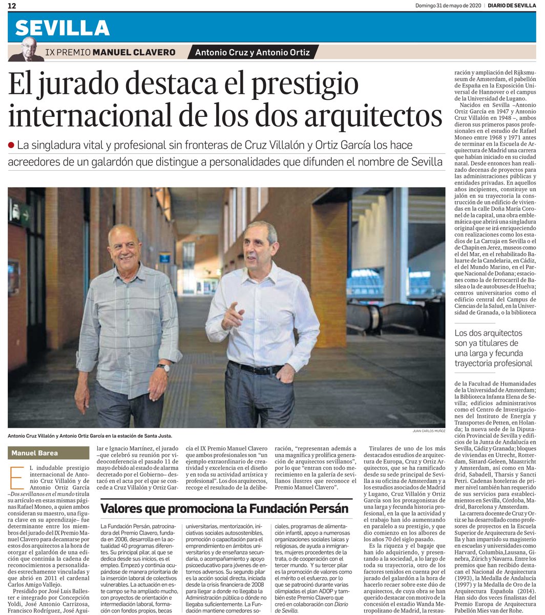 Nos sentimos muy felices y honrados por el recibimiento del Premio Clavero 2020, promovido por Grupo Joly y la Fundación Persan, otorgado a Antonio Cruz y Antonio Ortiz. #arquitectura #sevilla #andalucia #diariodesevilla #fundacionpersan