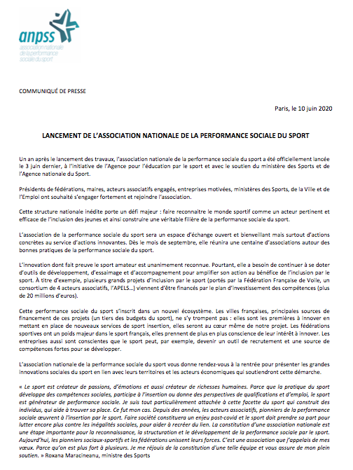 _anpss's tweet photo. Et si le #sport devenait un acteur majeur de l'#insertion des jeunes ? Lancement officiel de l'association nationale de la performance sociale du sport, avec le soutien de la ministre des Sports @RoxaMaracineanu @Anne_Hidalgo @jeanmarie_marx @ClaudeATCHER @CatherineArenou https://t.co/IsWCeSYjL1