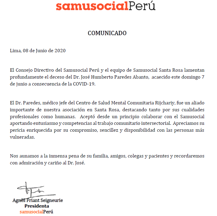 SamusocialP's tweet photo. Lamentamos el fallecimiento del Dr. Paredes, víctima del COVID-19. No era miembro del Samusocial pero era un gran aliado en Santa Rosa. https://t.co/VlECld5PZa