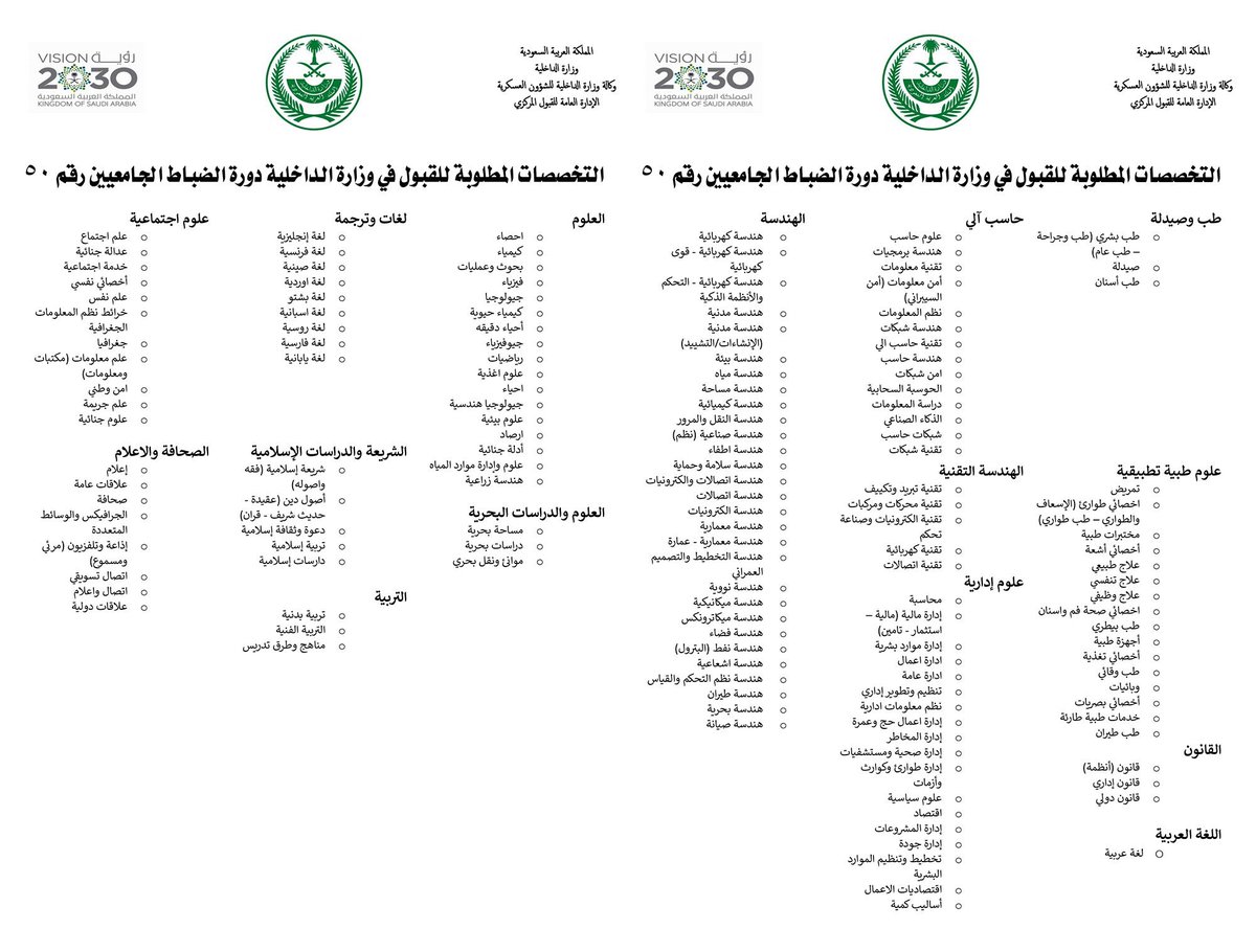 تخصصات وزارة الدفاع للجامعيين