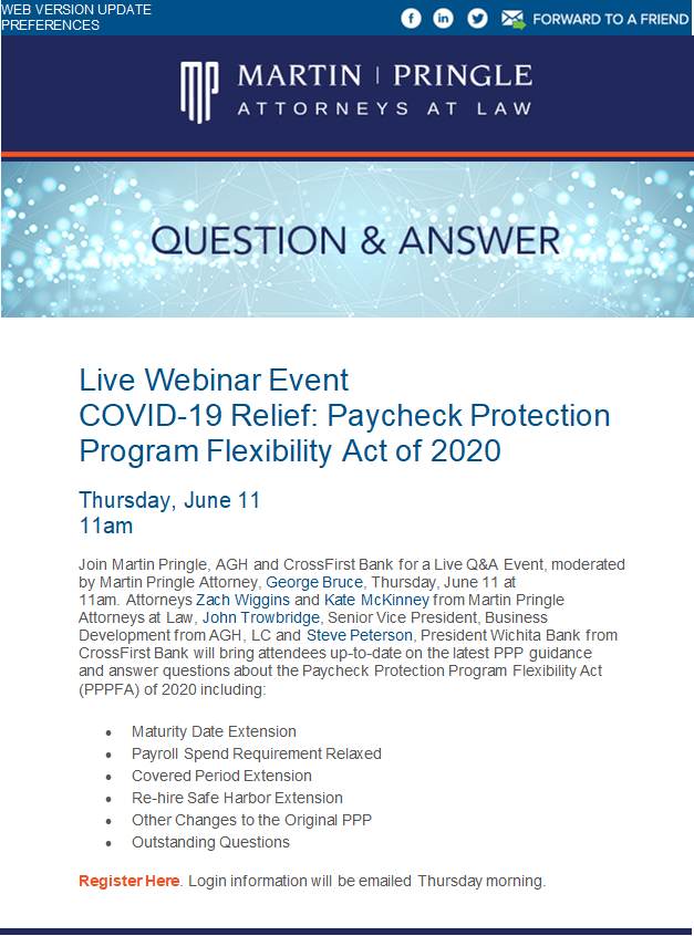 Join MP <a href="/AGHLC/">AGH CPAs & Advisors</a> &amp; @CrossFirst Bank for a Live Q&amp;A Event, Thursday, June 11 at 11am. Speakers will bring attendees up-to-date on the latest #PPP guidance &amp; answer questions about the Paycheck Protection Program Flexibility Act (PPPFA)
bit.ly/3cRp9GG
#MPAttorneys #PPPFA