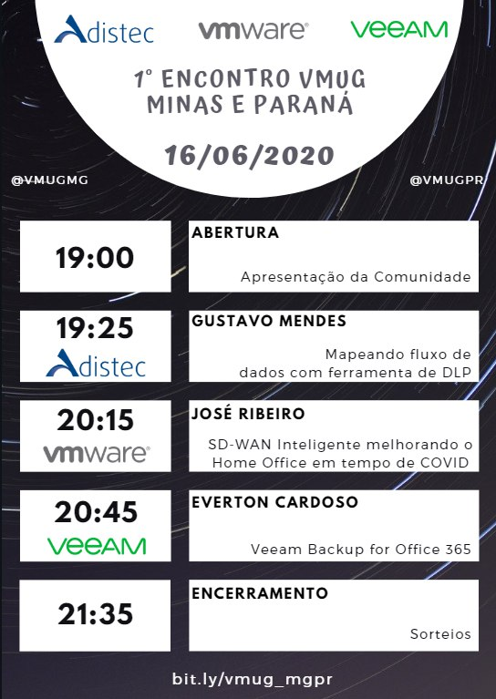 Vem aí...

O 1º Encontro Virtual VMUG Minas Gerais + Paraná. Reserve esta data! Um painel TOP para você ficar por dentro dos principais assuntos técnicos da nossa comunidade com os melhores especialistas em cada assunto! 
Clique aqui para participar: bit.ly/vmug_mgpr